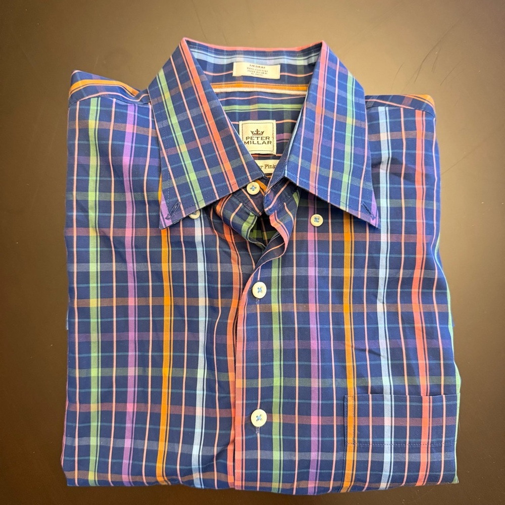 Peter Millar Weekender Finish Men’s Large Button Down  Collar Blue Plaid Cotton